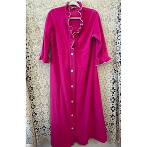 Vintage 70s Robe Dress Hot Pink Lounge Housecoat‎ Ruffle Trim Sz S/M